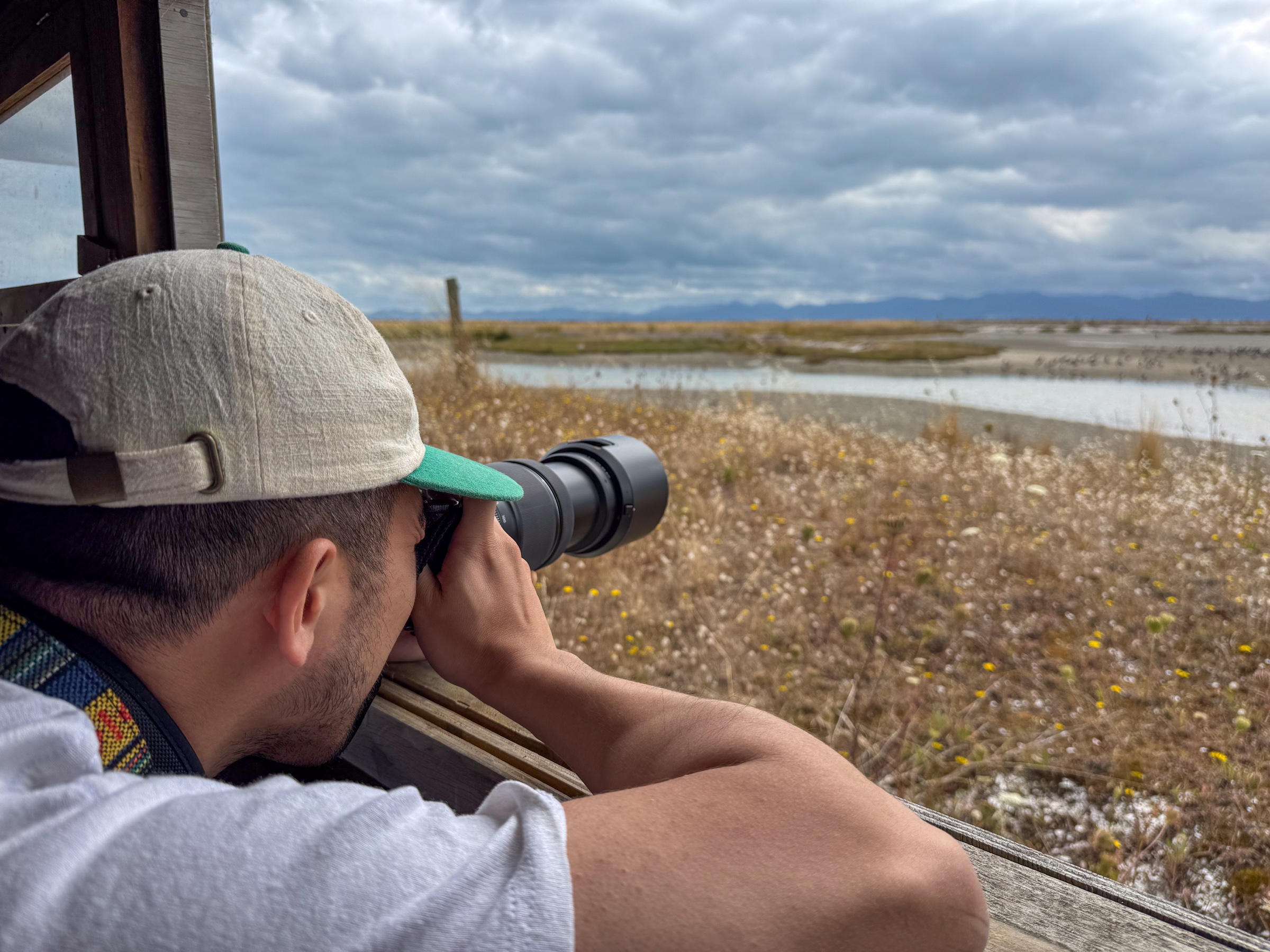 A birdwatcher photographing shorebirds from a viewing hide