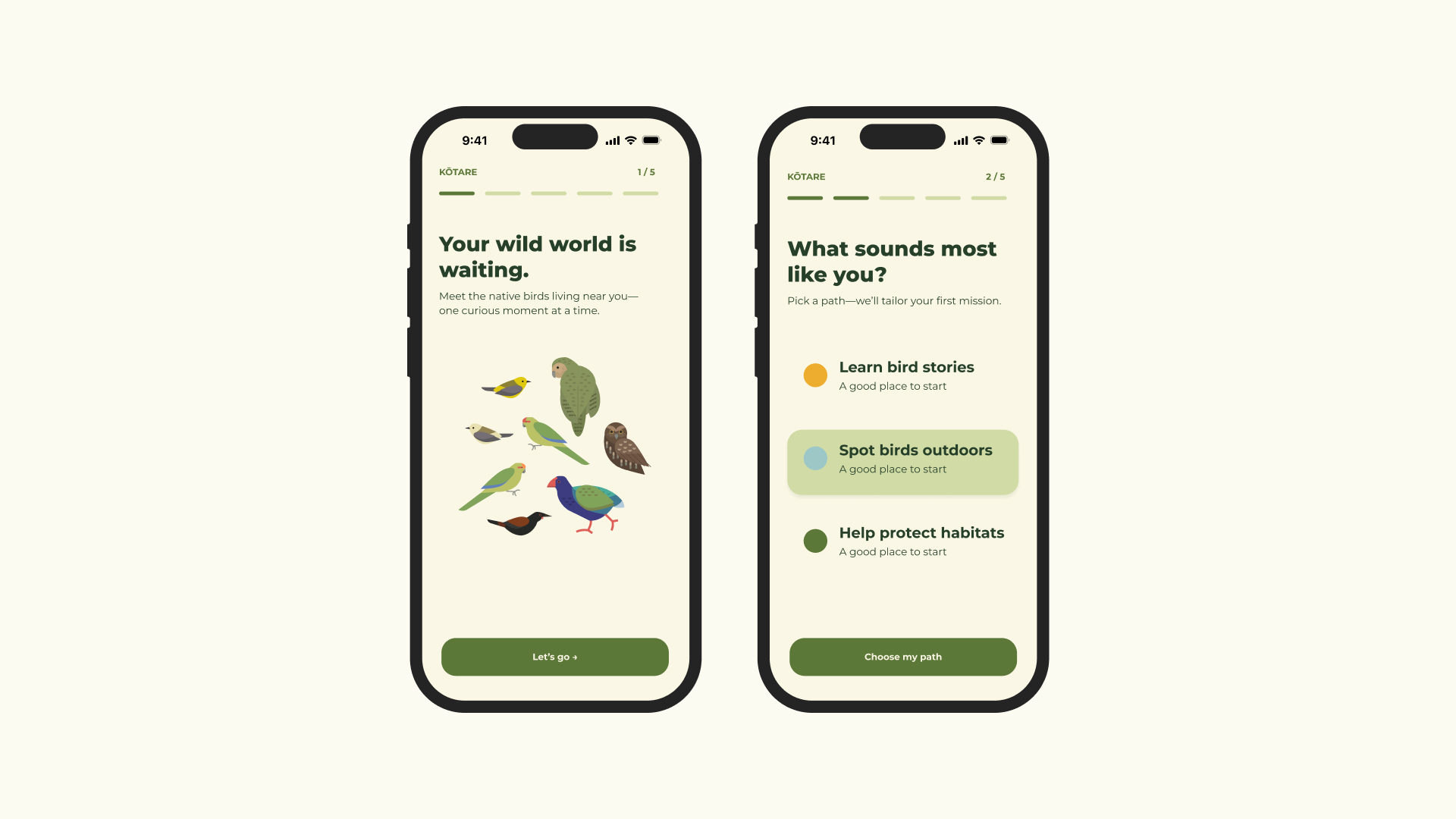Two Kōtare app screens showing an introductory prompt and pathway choices